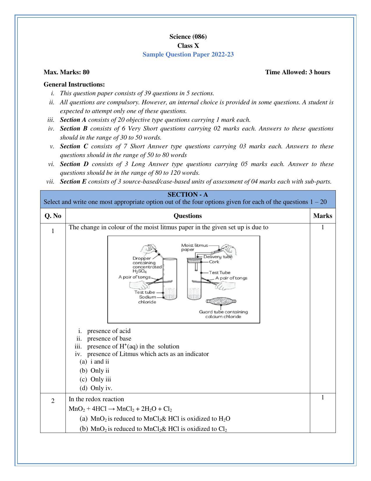 CBSE Class 10 Science Sample Question Paper 2023 - Page 1
