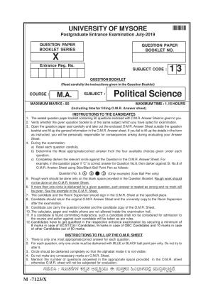 Mysore University PG Entrance Exam 2019: Political Science Question Paper