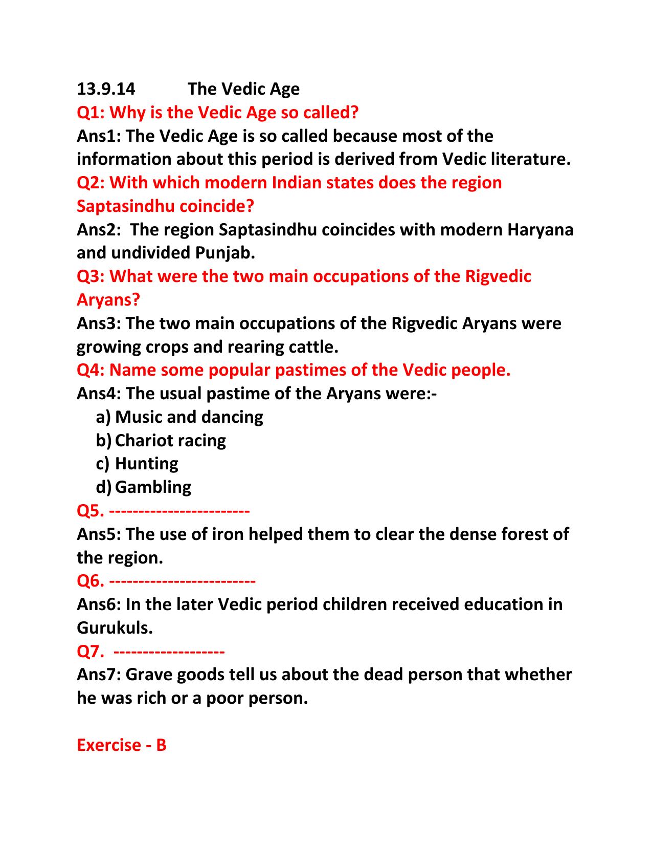 CBSE Worksheets for Class 6 Social Science The Vedic Age Assignment - Page 1