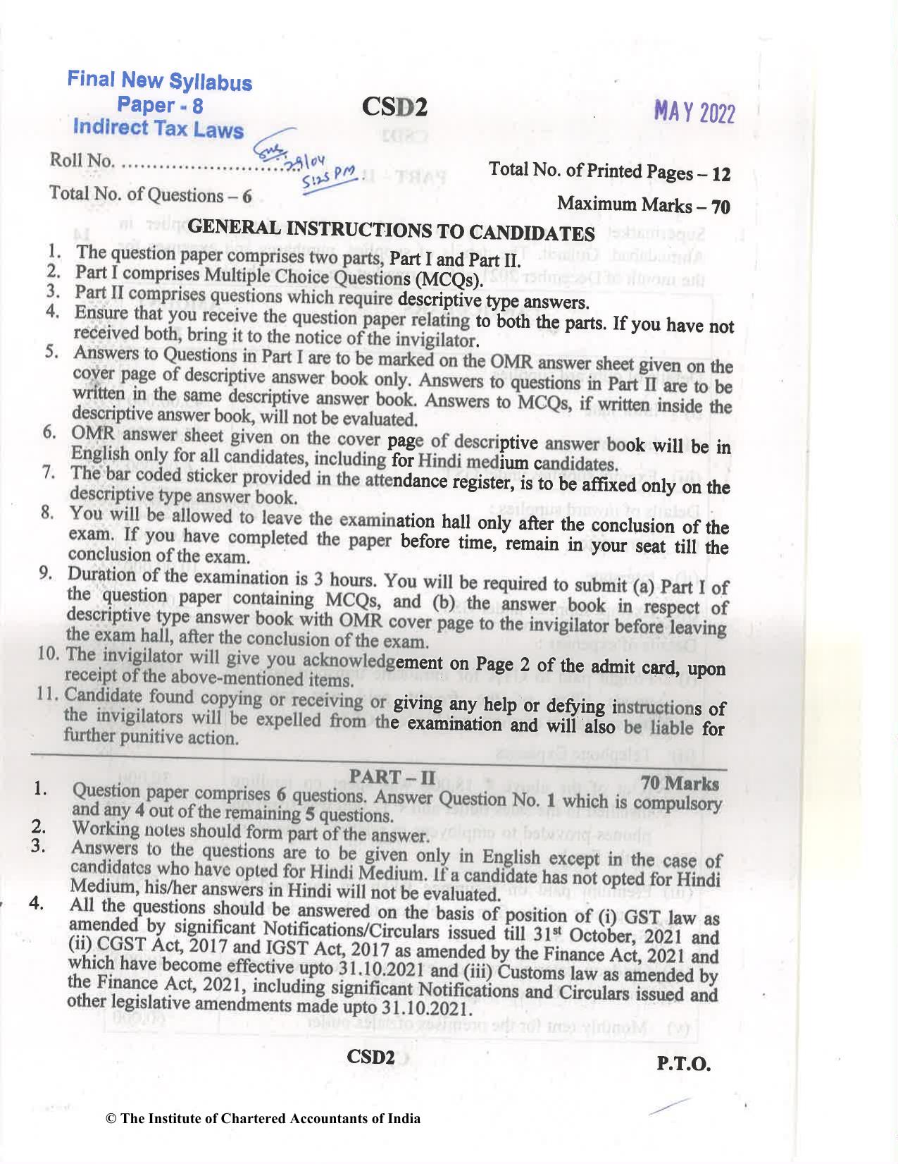 CA Final May 2022 Question Paper - Paper 8 – Indirect Tax Laws - Page 1