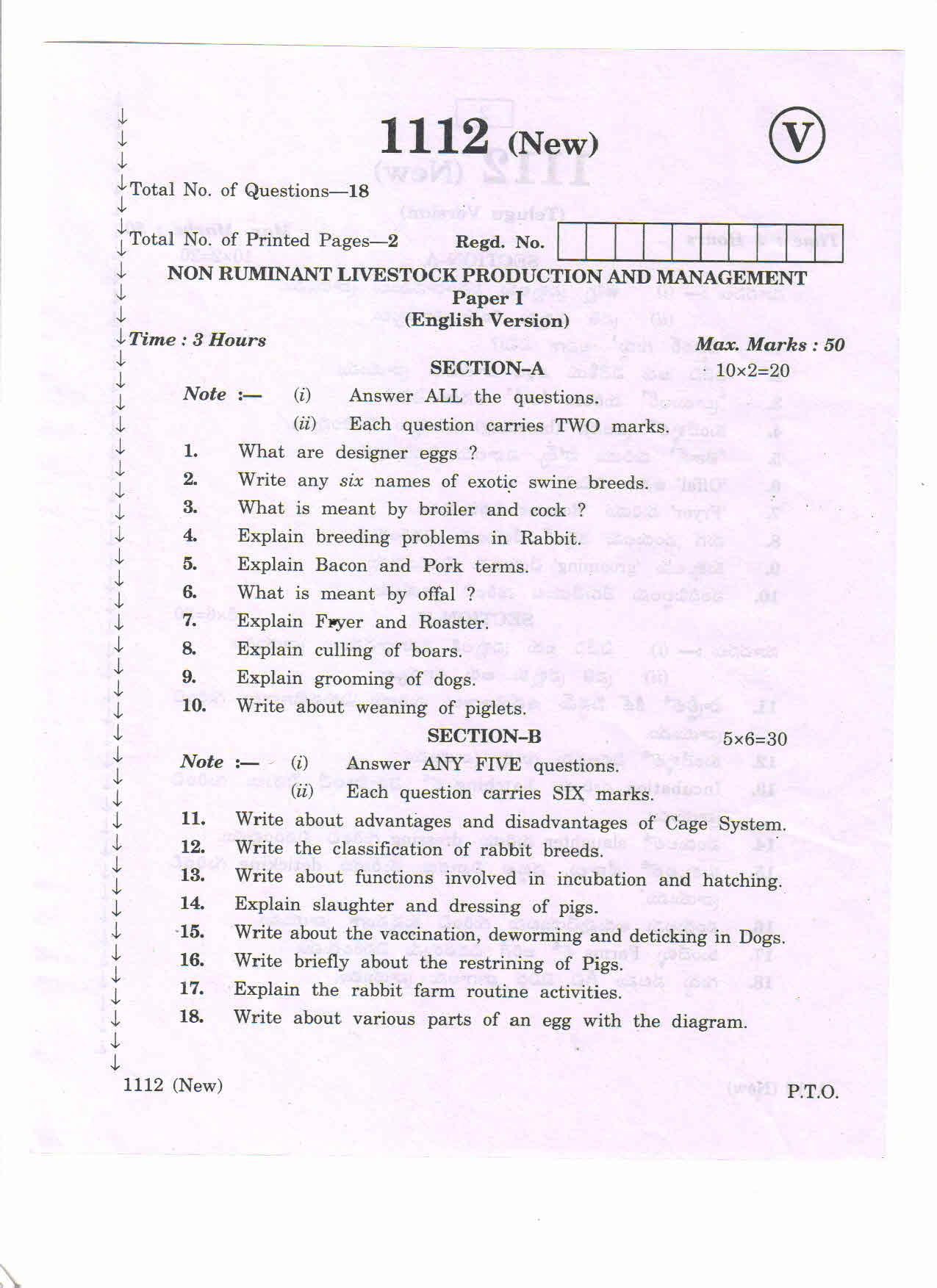 AP Inter 1st Year Non Ruminant Live Stocks Production Management-I March-2020-Vocational Question Paper - Page 1
