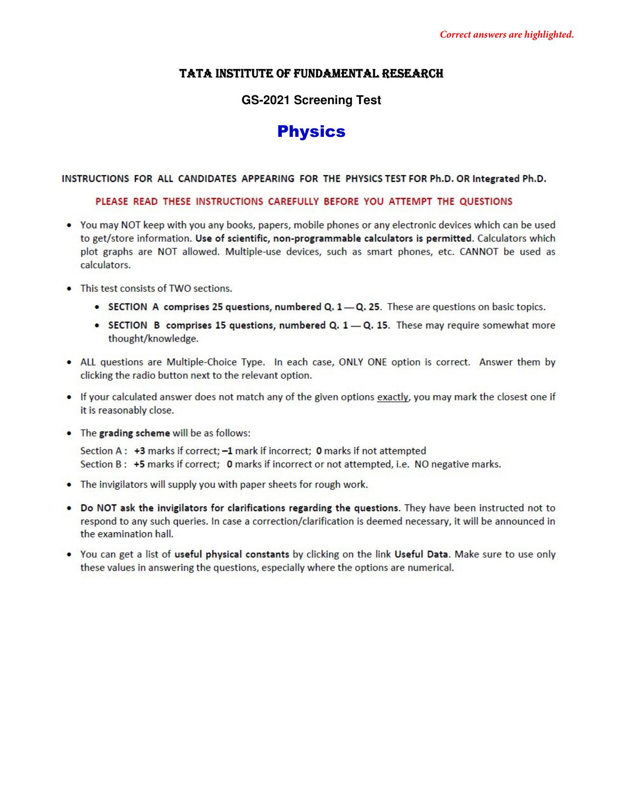 TIFR GS 2021 Physics Question Paper - Page 1