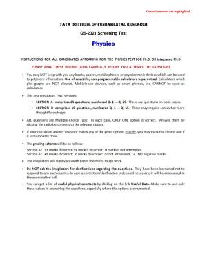 TIFR GS 2021 Physics Question Paper