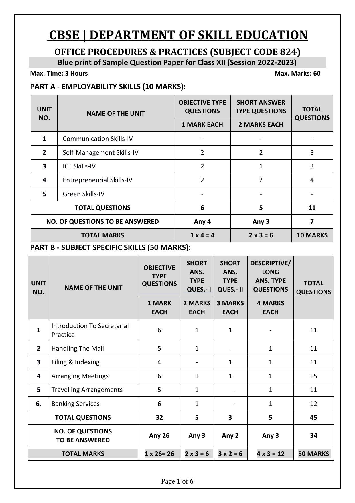 CBSE Class 10 Office Procedures & Practices (Skill Education) Sample Papers 2023 - Page 1