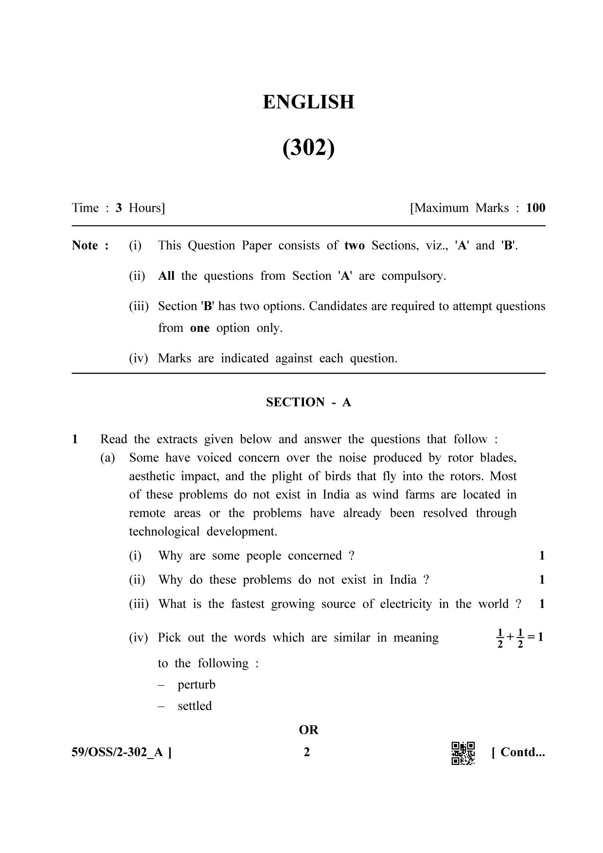 NIOS October 2019 Class 12 English (SET A) Question Paper - Page 2