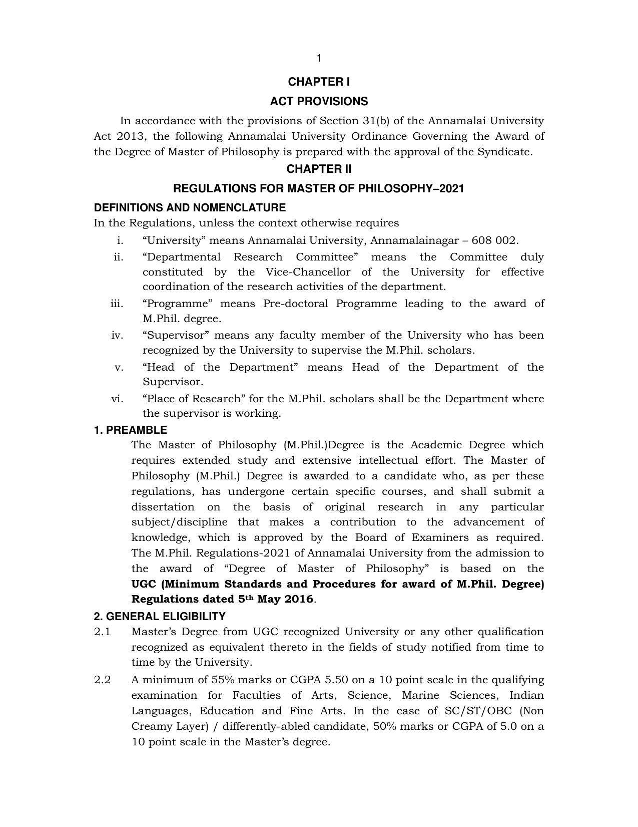 Annamalai University, Annamalai Nagar M.Phil Prospectus 2021-22 - Page 15