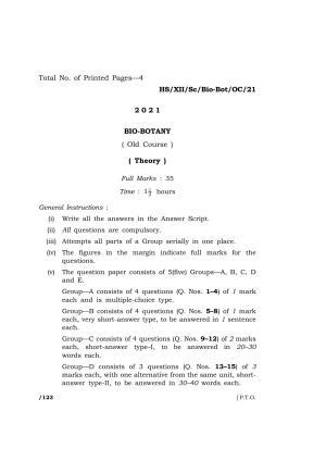 Meghalaya Board (MBOSE) Class 12 Botany (Old Course) (HS-XII-Sc-Bio-Bot-OC-21) 2021 Question Paper