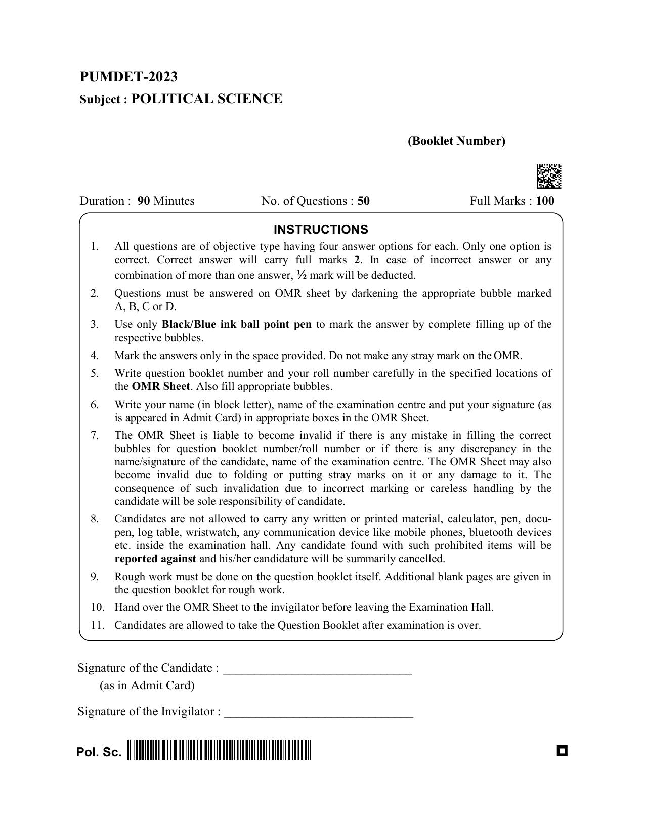 PUMDET 2023 Political Sciences Question Paper - Page 1