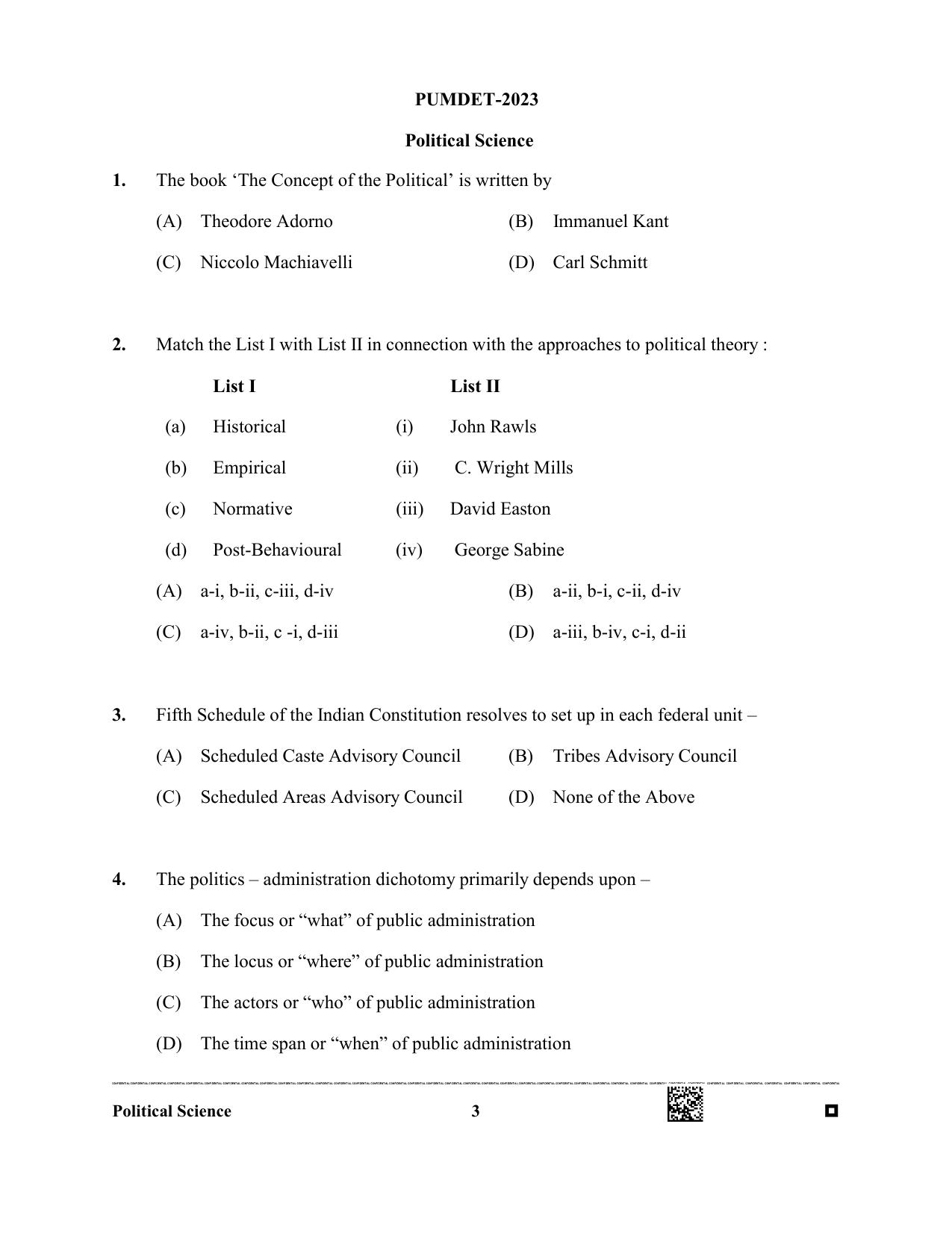 PUMDET 2023 Political Sciences Question Paper - Page 3