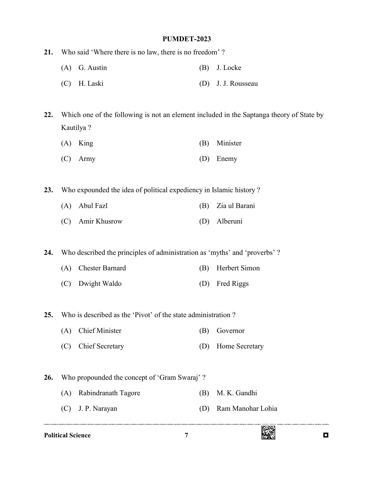 PUMDET 2023 Political Sciences Question Paper - Page 7
