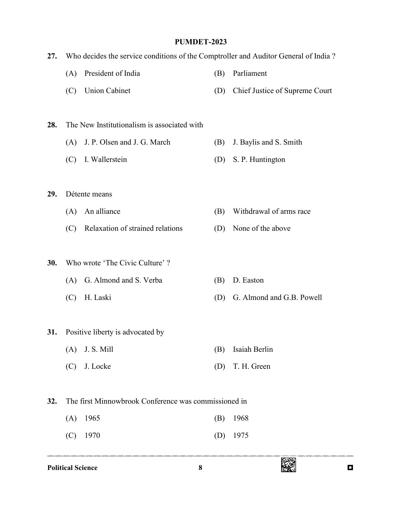 PUMDET 2023 Political Sciences Question Paper - Page 8