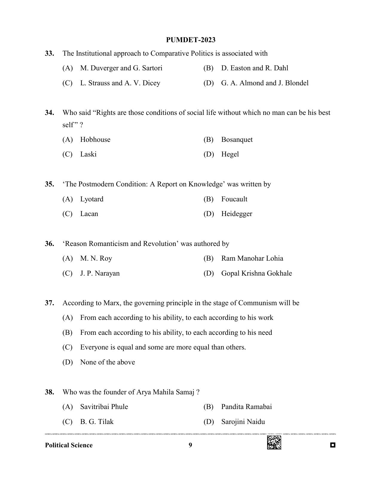 PUMDET 2023 Political Sciences Question Paper - Page 9