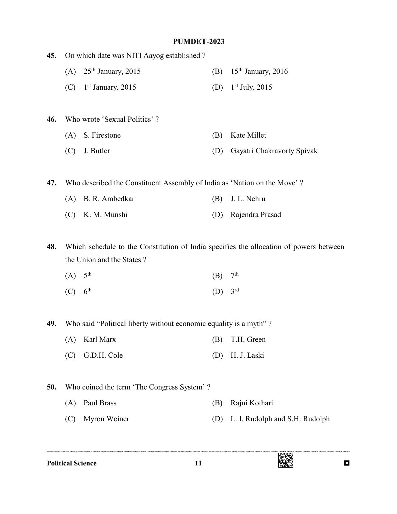 PUMDET 2023 Political Sciences Question Paper - Page 11