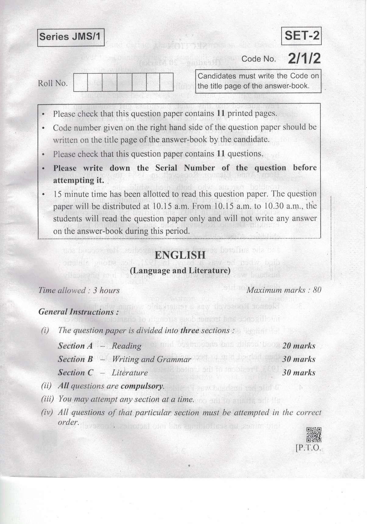CBSE Class 10 2-1-2 Eng.L.L. 2019 Question Paper - Page 1