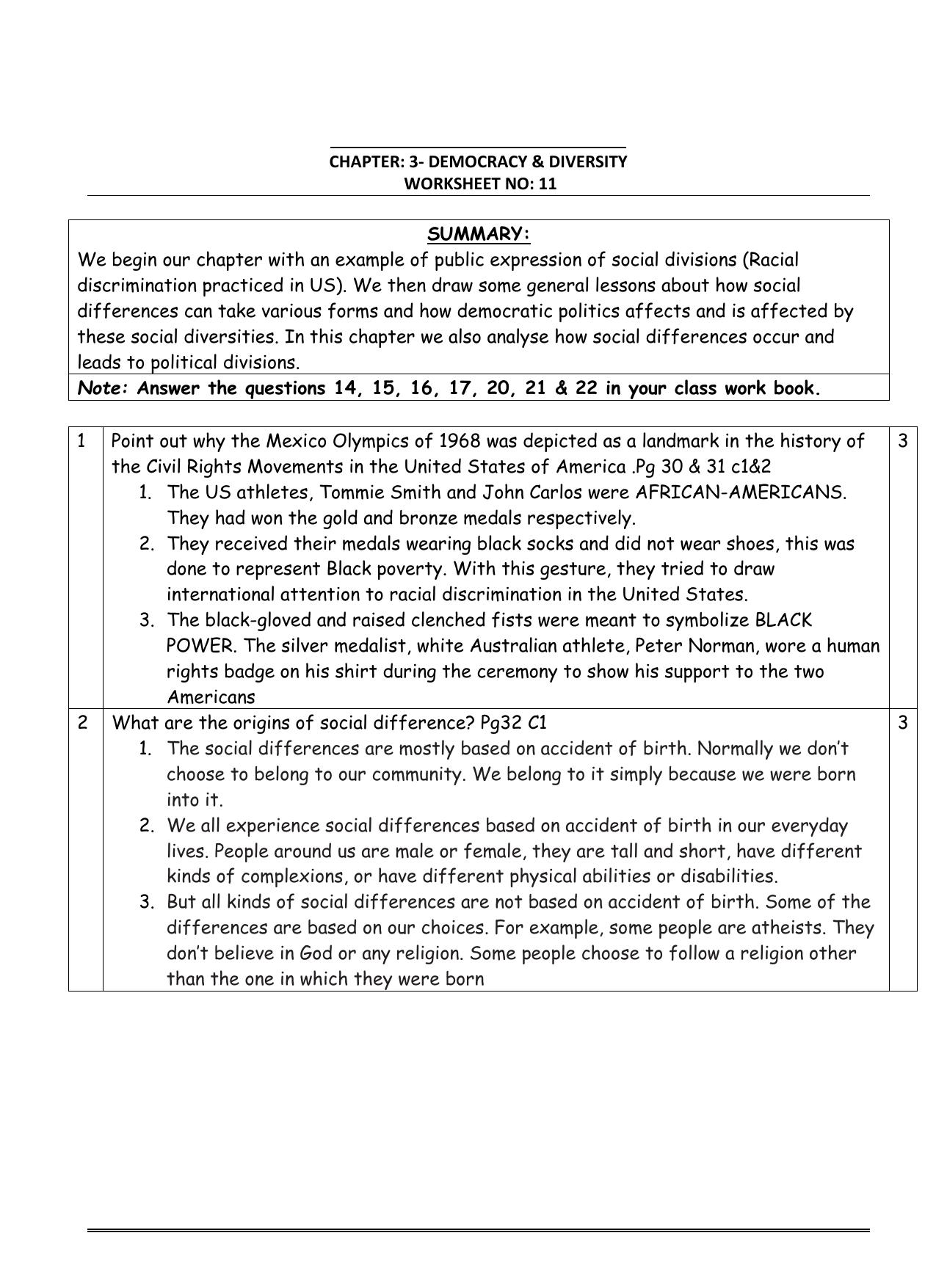CBSE Worksheets for Class 10 Social Science Democracy Diversity Assignment - Page 1
