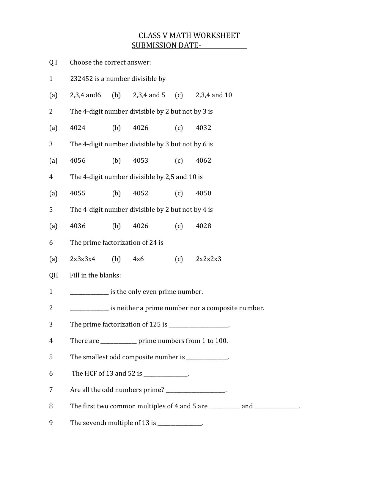 Worksheet for Class 5 Maths Divisible Assignment - Page 1