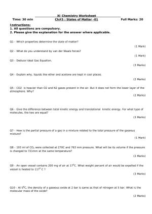 CBSE Worksheets for Class 11 Chemistry States of Matter Assignment 1