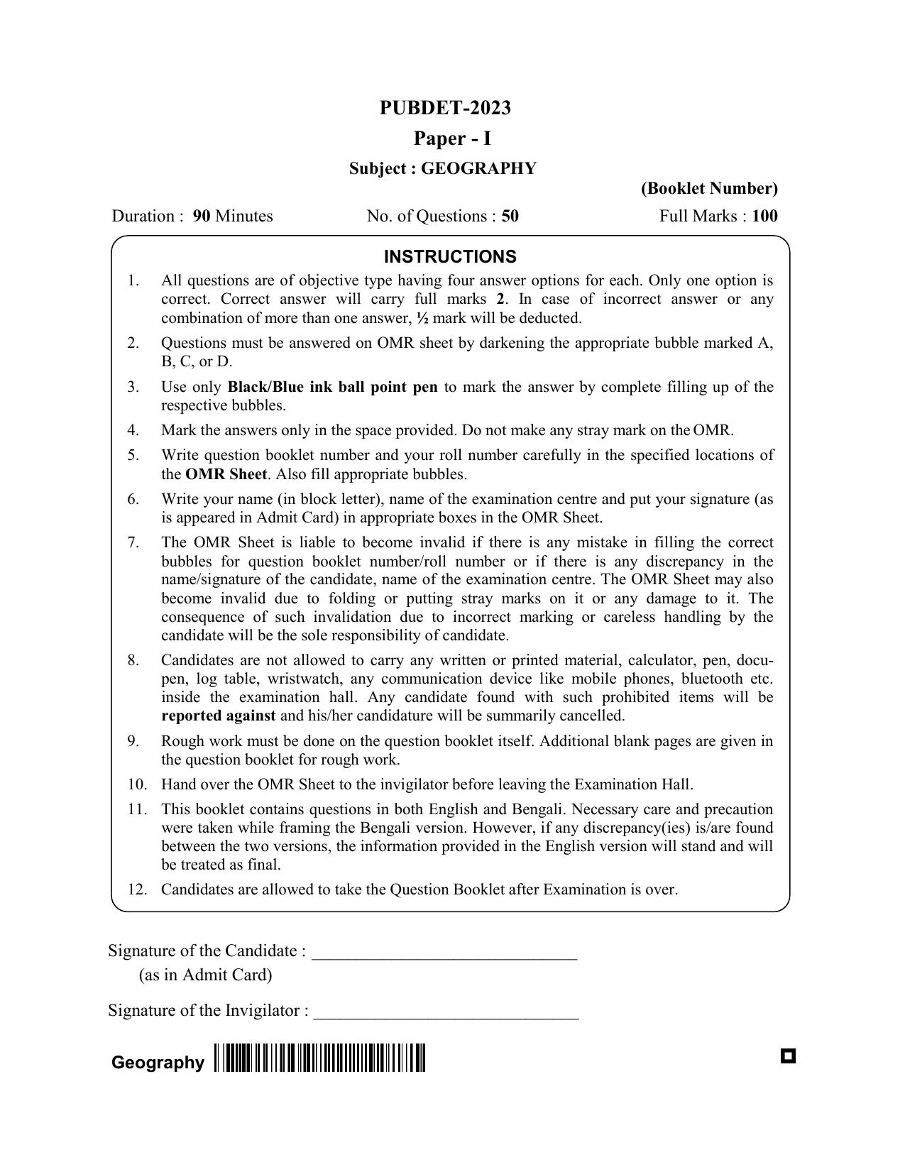 WB PUBDET 2023 Paper I (Geography) Question Paper - Page 1