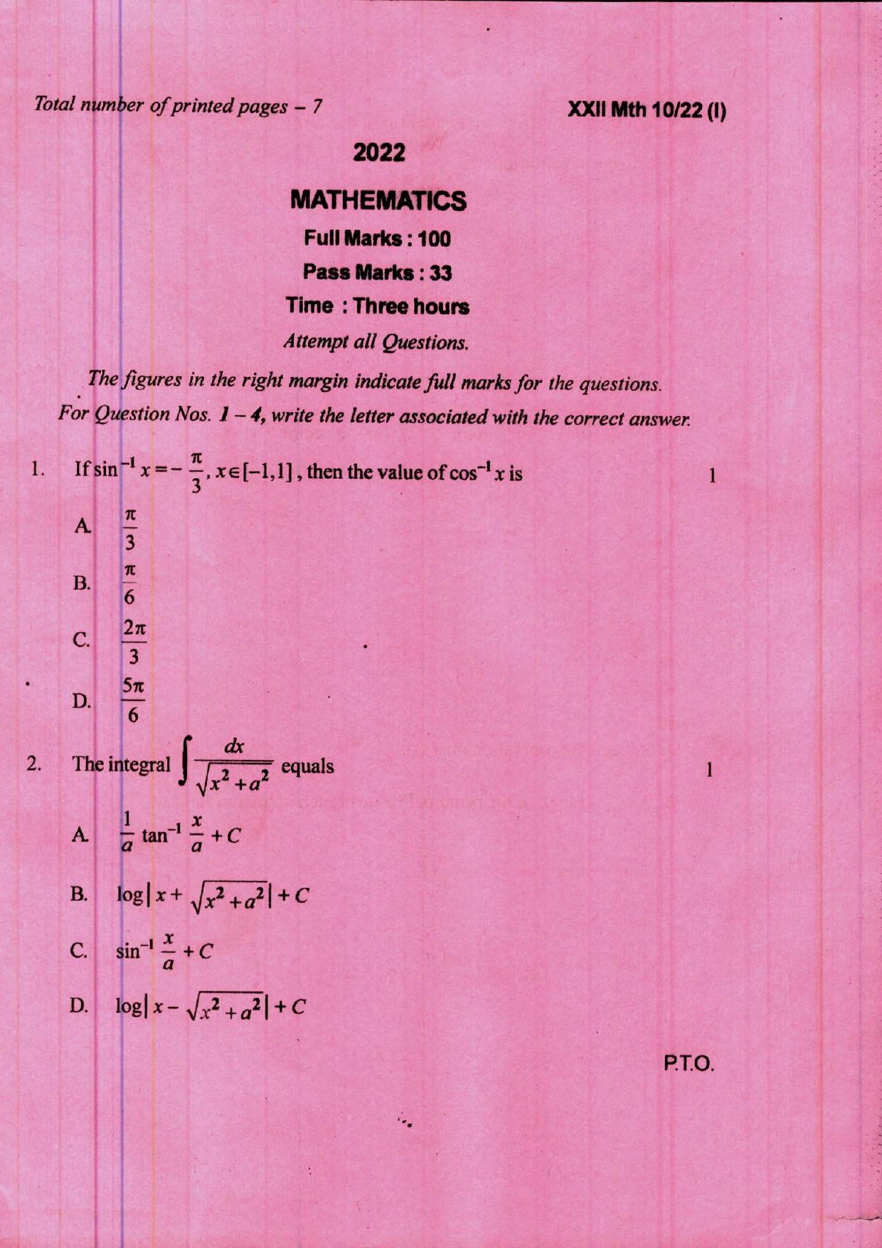 COHSEM 12th Question Papers Improvement 2022 Mathematics - Page 1