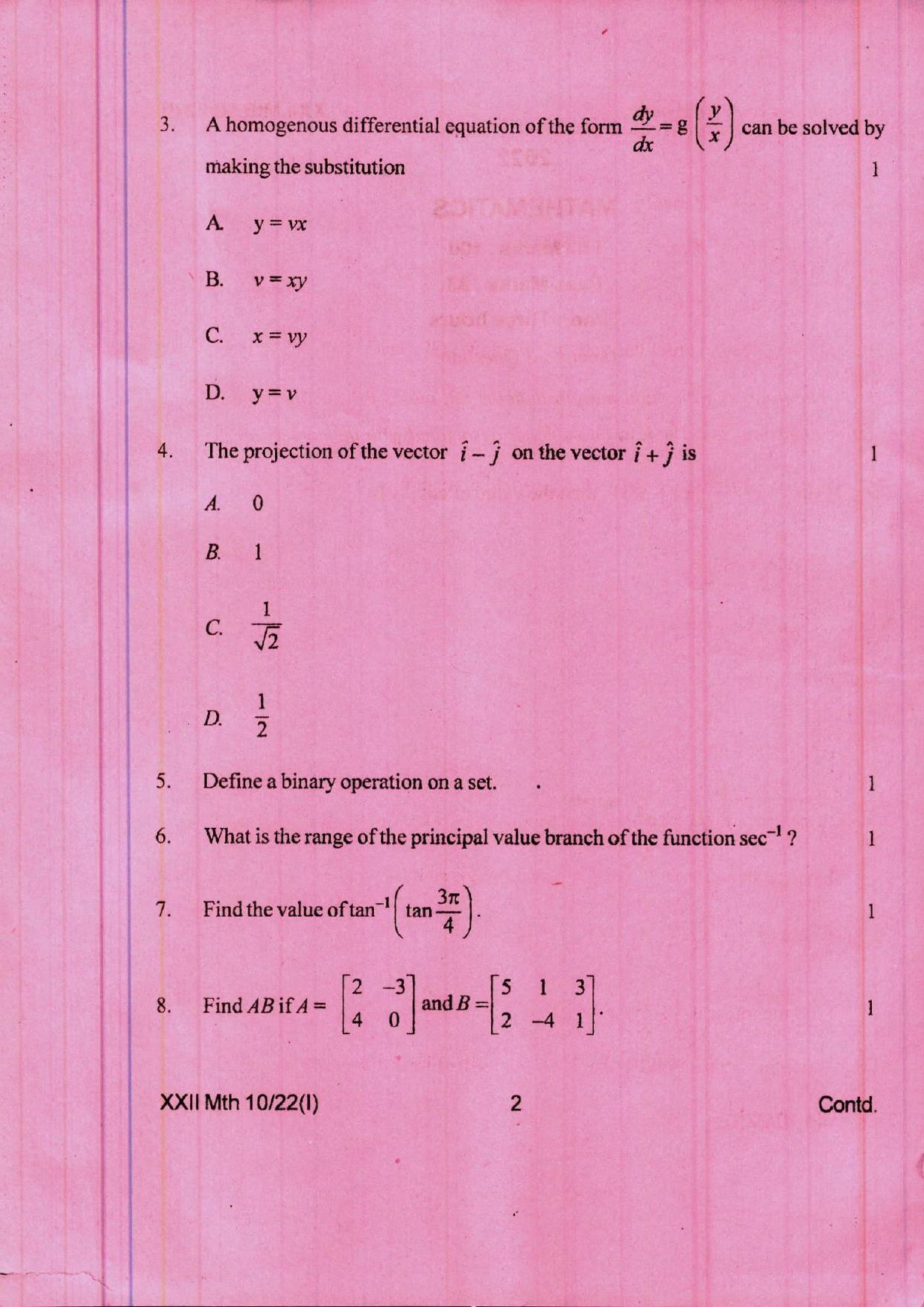 COHSEM 12th Question Papers Improvement 2022 Mathematics - Page 2