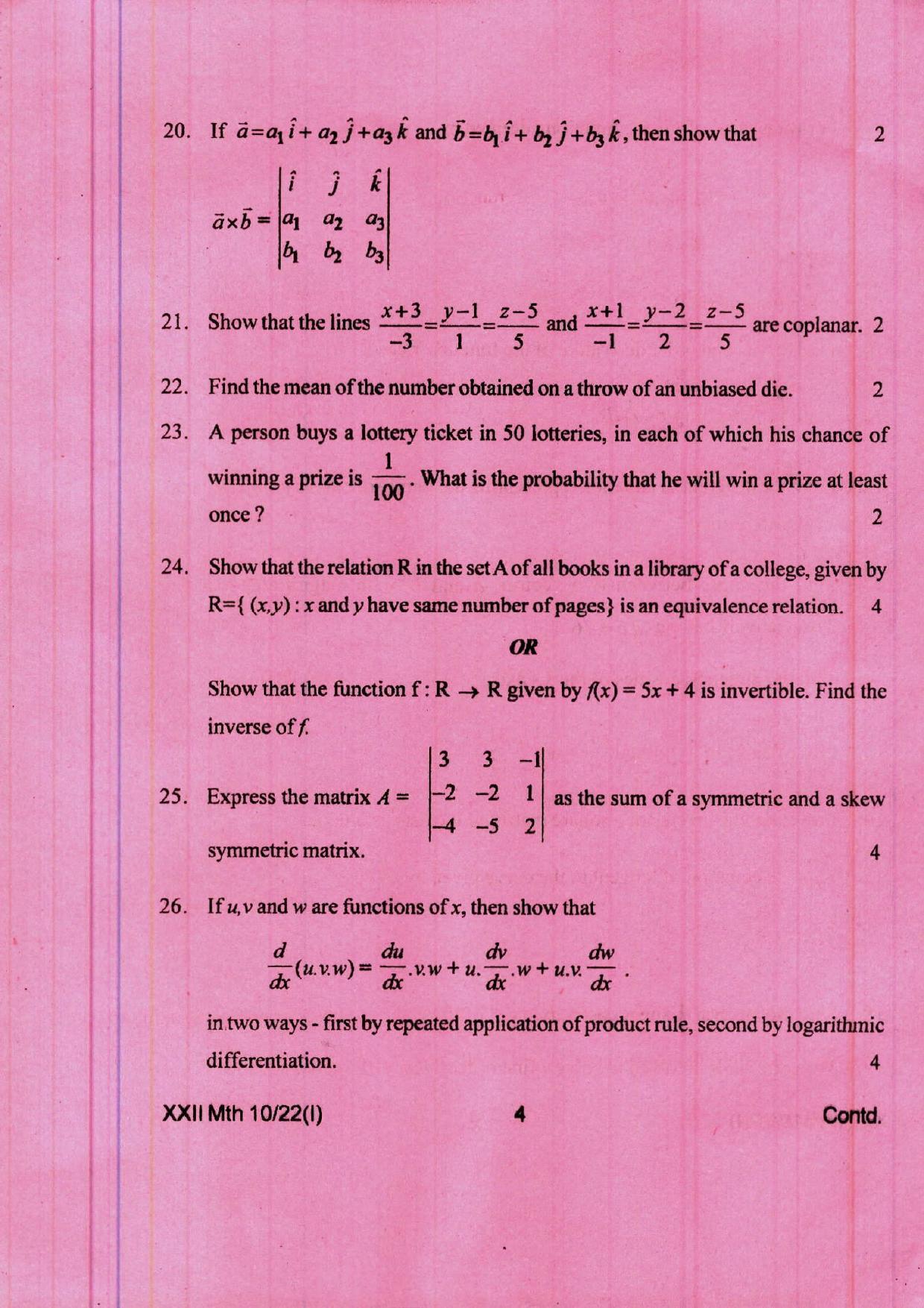 COHSEM 12th Question Papers Improvement 2022 Mathematics - Page 4