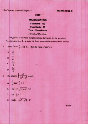 COHSEM 12th Question Papers Improvement 2022 Mathematics