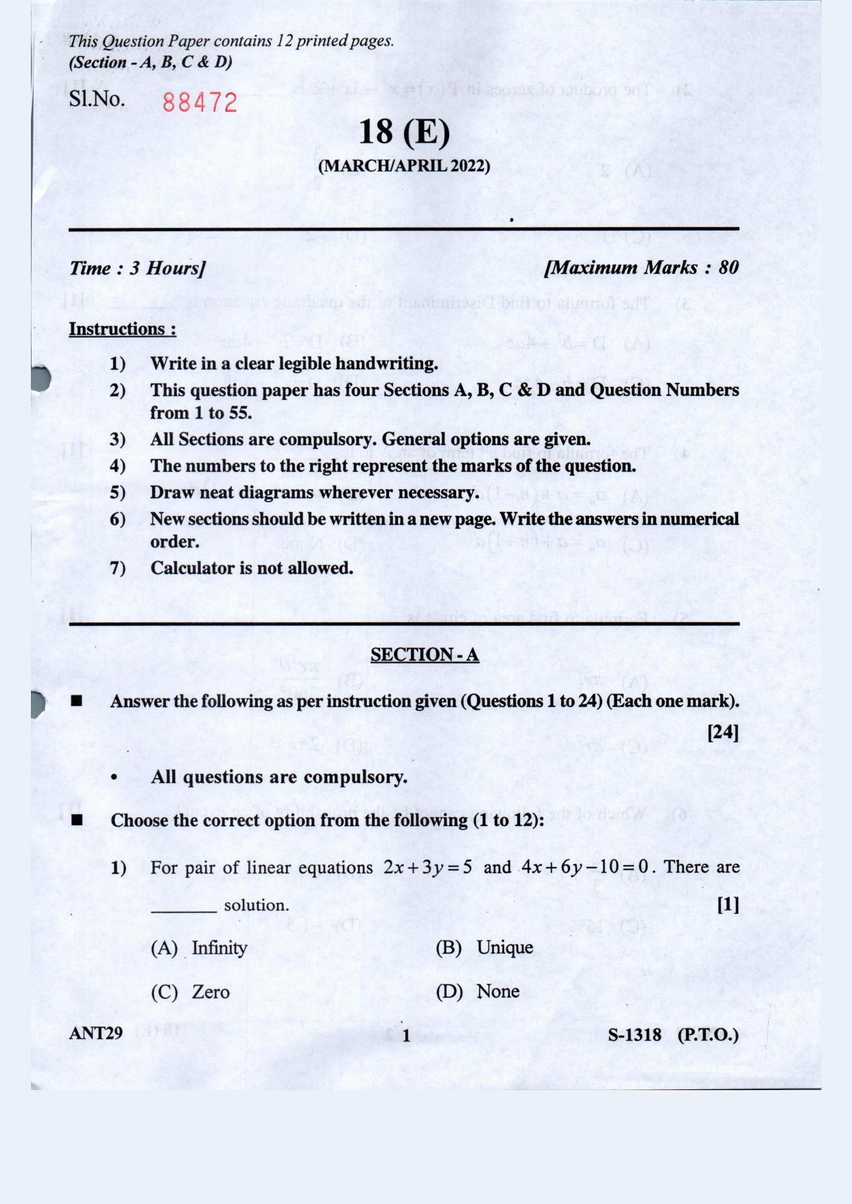 Gujarat Board Class 10th Basic Maths Eng. Med March-April 2022 Question Paper - Page 1