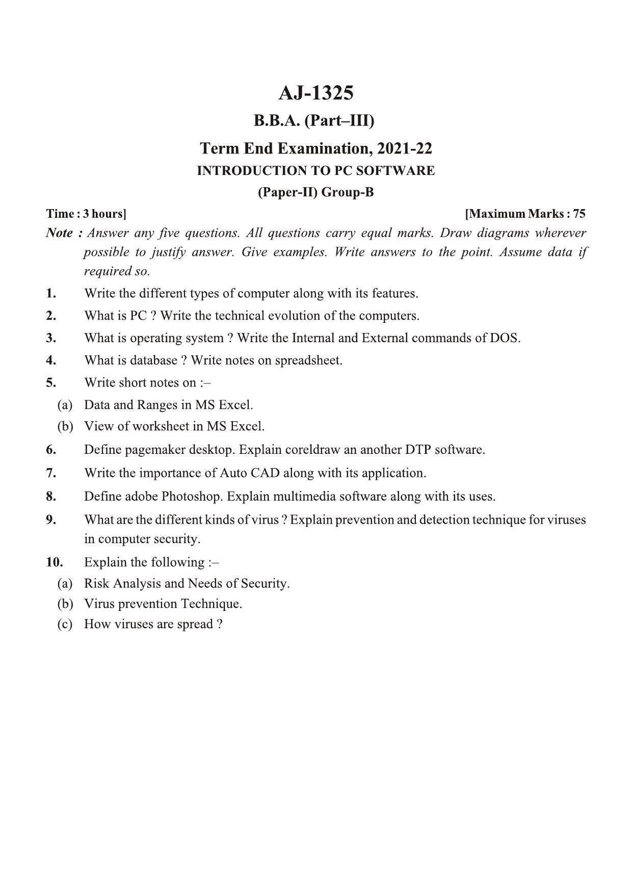 Bilaspur University Question Paper 2021-2022: B.B.A. Part-III  (Three)(II) Introduction To P.C.Software Paper 2  - Page 1