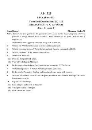 Bilaspur University Question Paper 2021-2022: B.B.A. Part-III  (Three)(II) Introduction To P.C.Software Paper 2 