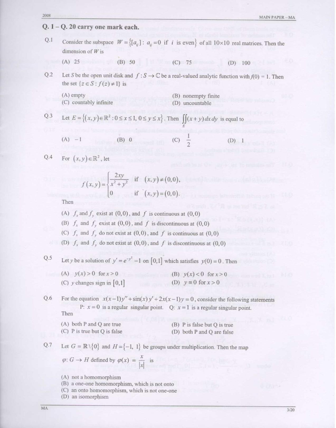 GATE 2008 Mathematics (MA) Question Paper with Answer Key - Page 3