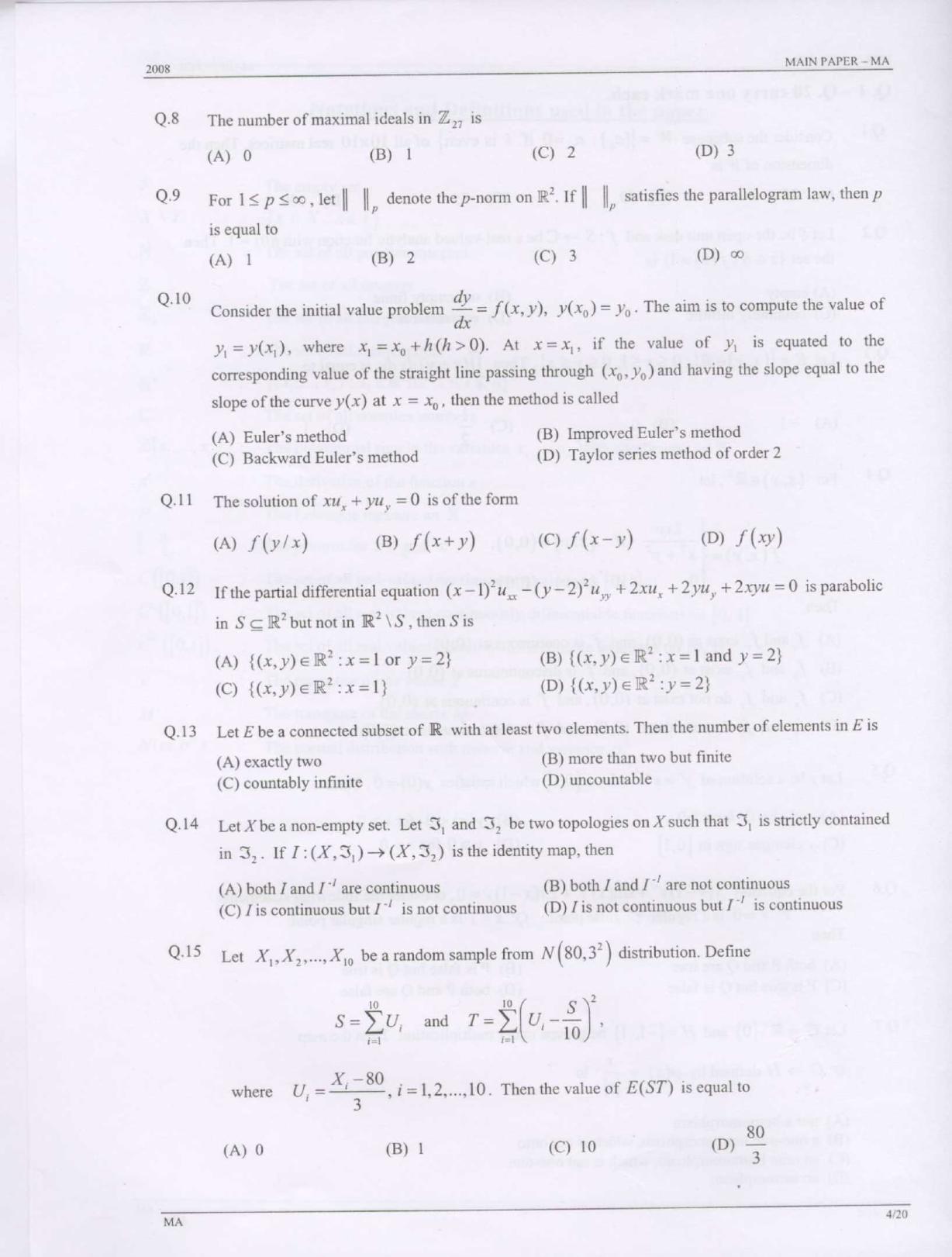 GATE 2008 Mathematics (MA) Question Paper with Answer Key - Page 4