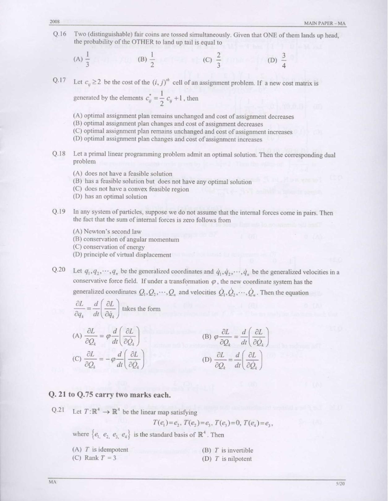 GATE 2008 Mathematics (MA) Question Paper with Answer Key - Page 5