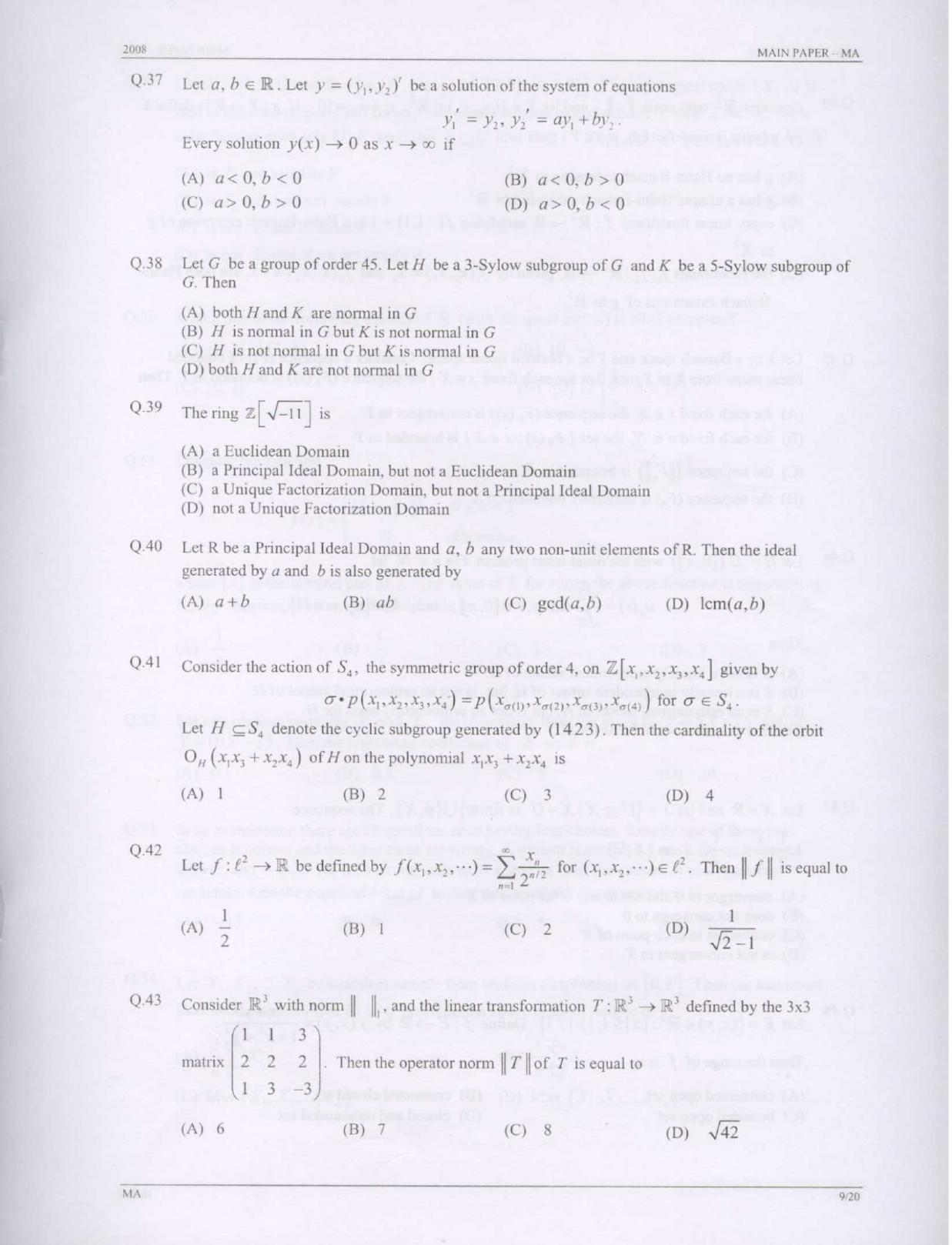 GATE 2008 Mathematics (MA) Question Paper with Answer Key - Page 9