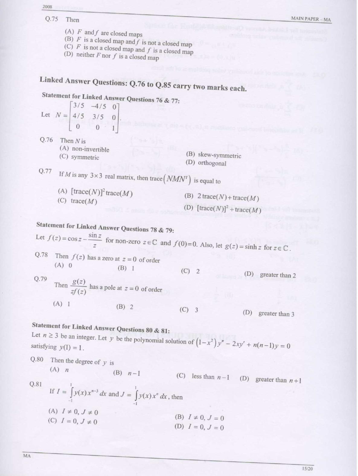 GATE 2008 Mathematics (MA) Question Paper with Answer Key - Page 15
