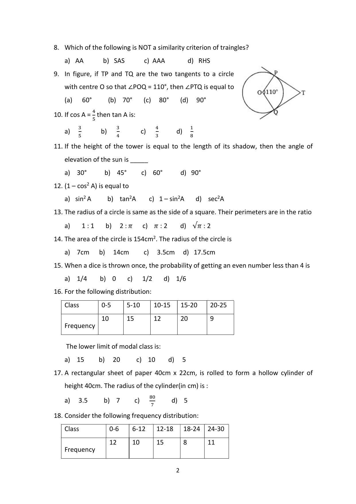 CBSE Class 10 Mathematics (Basic) Sample Paper 2024 - Page 2