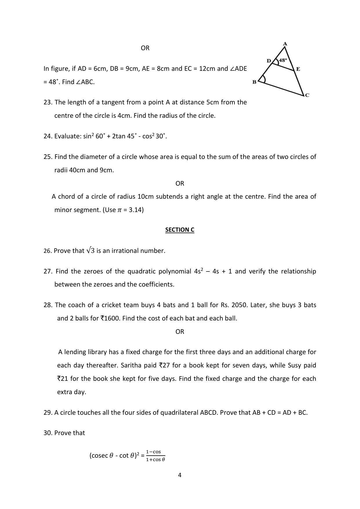 CBSE Class 10 Mathematics (Basic) Sample Paper 2024 - Page 4
