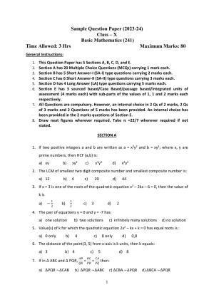 CBSE Class 10 Mathematics (Basic) Sample Paper 2024