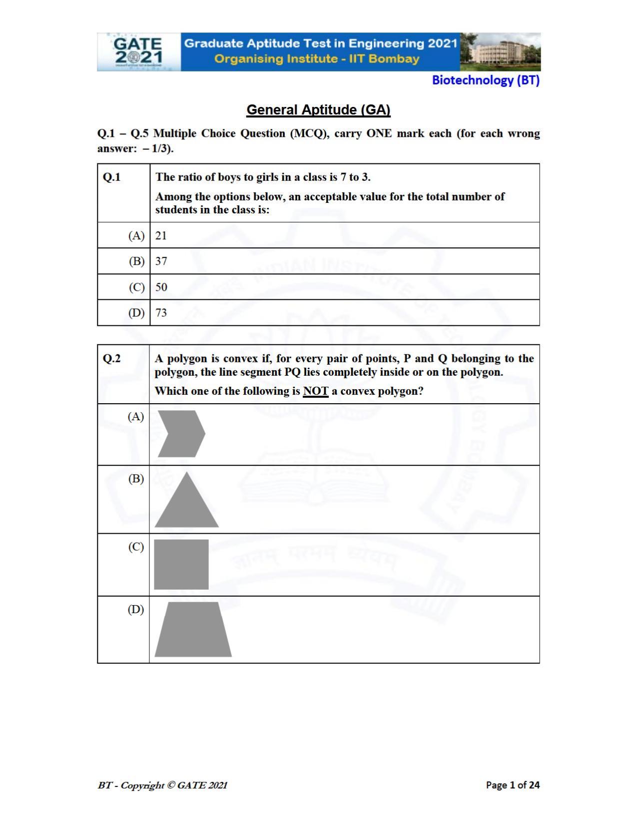 GATE 2021 Biotechnology (BT) Question Paper - Page 1
