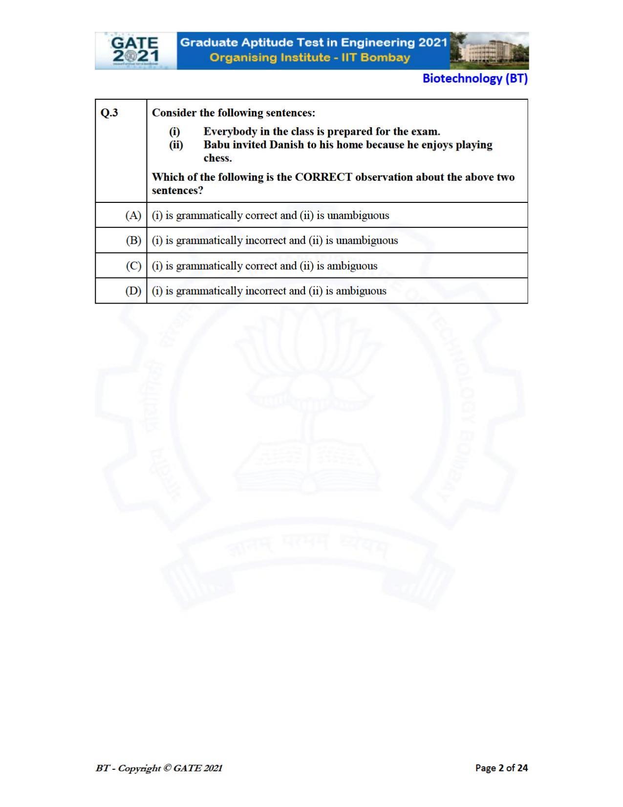 GATE 2021 Biotechnology (BT) Question Paper - Page 2
