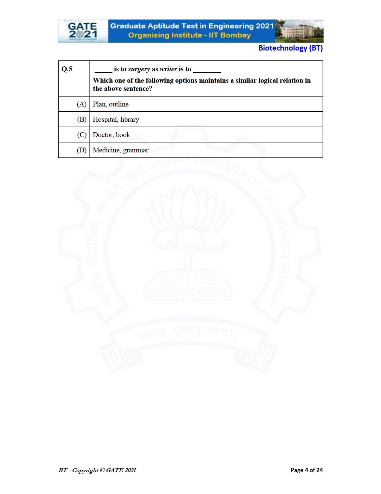 GATE 2021 Biotechnology (BT) Question Paper - Page 4