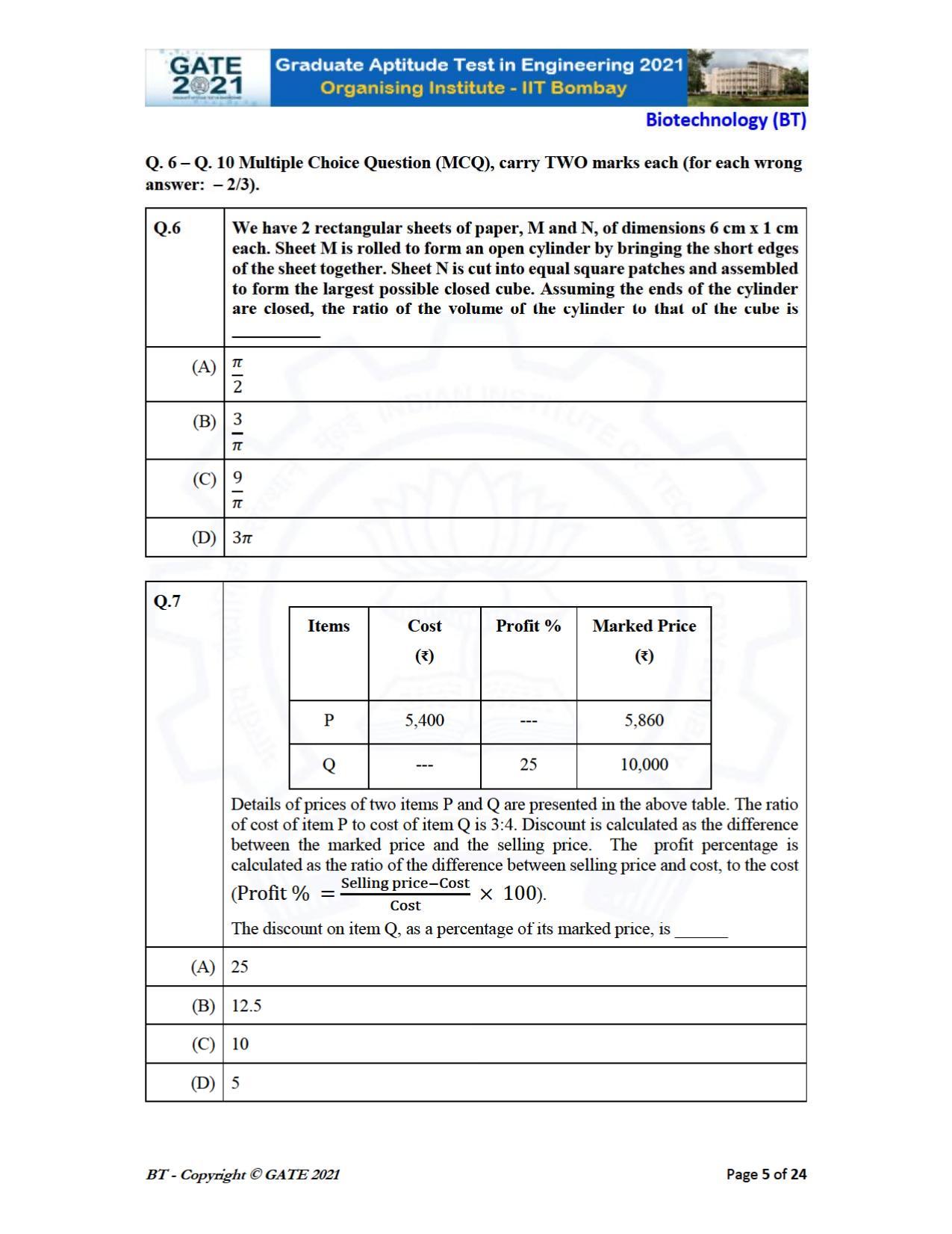 GATE 2021 Biotechnology (BT) Question Paper - Page 5