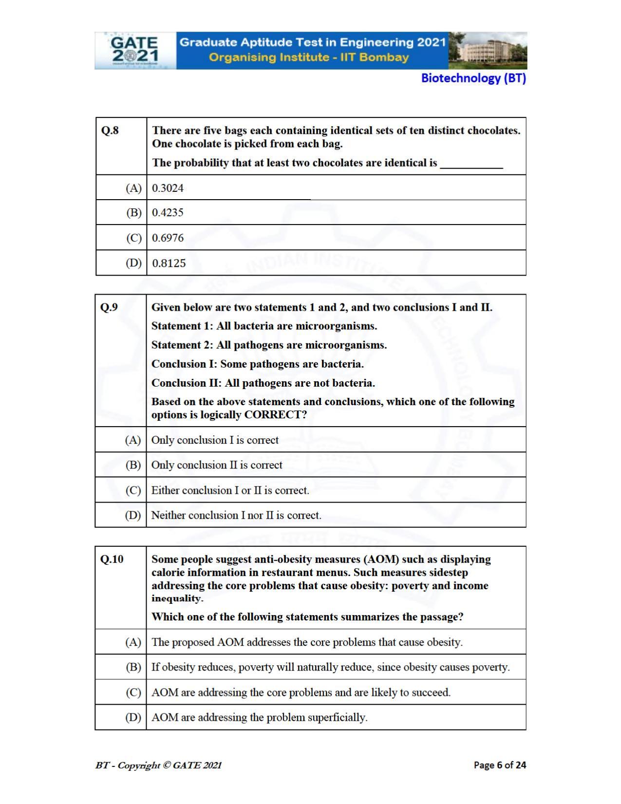 GATE 2021 Biotechnology (BT) Question Paper - Page 6
