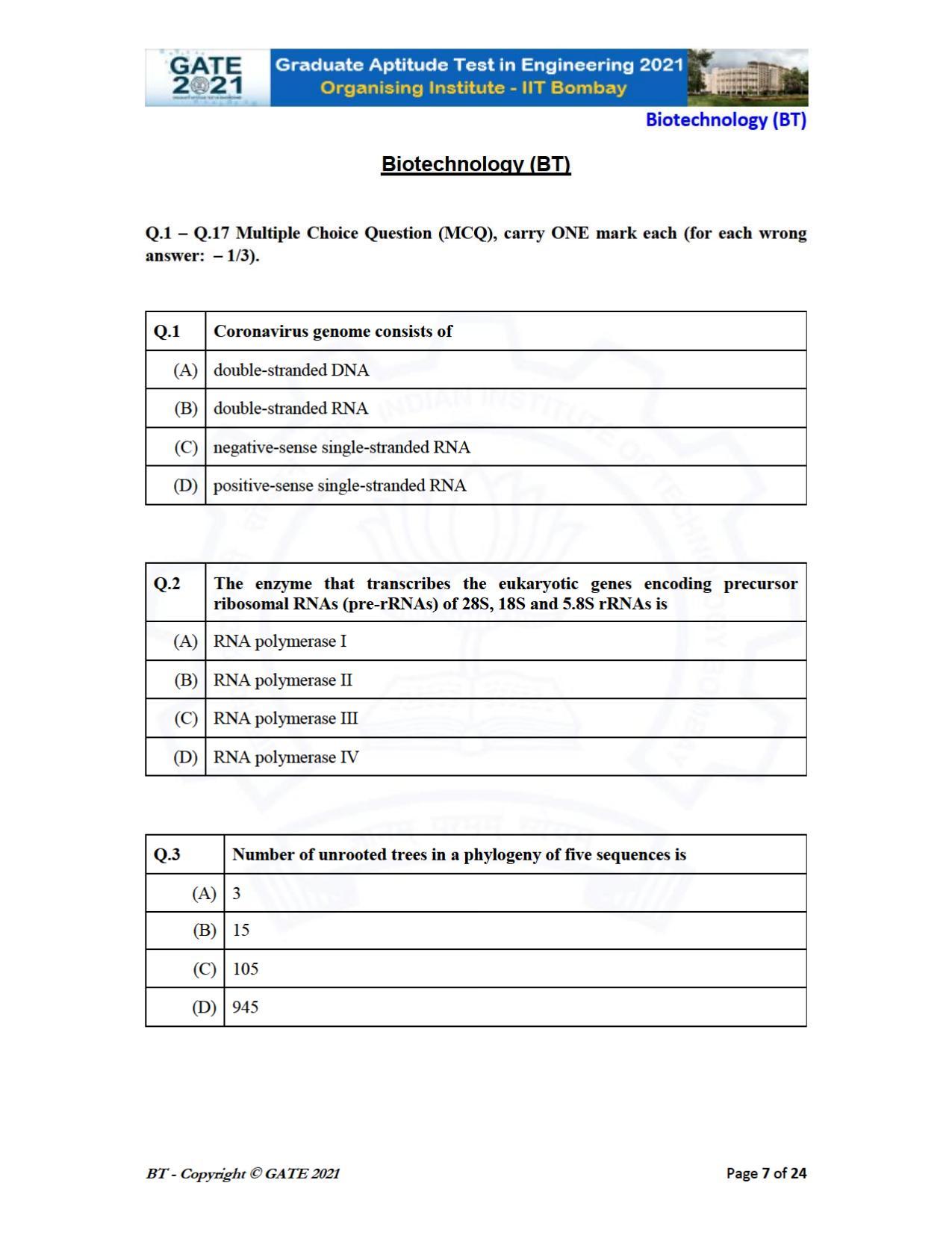 GATE 2021 Biotechnology (BT) Question Paper - Page 7