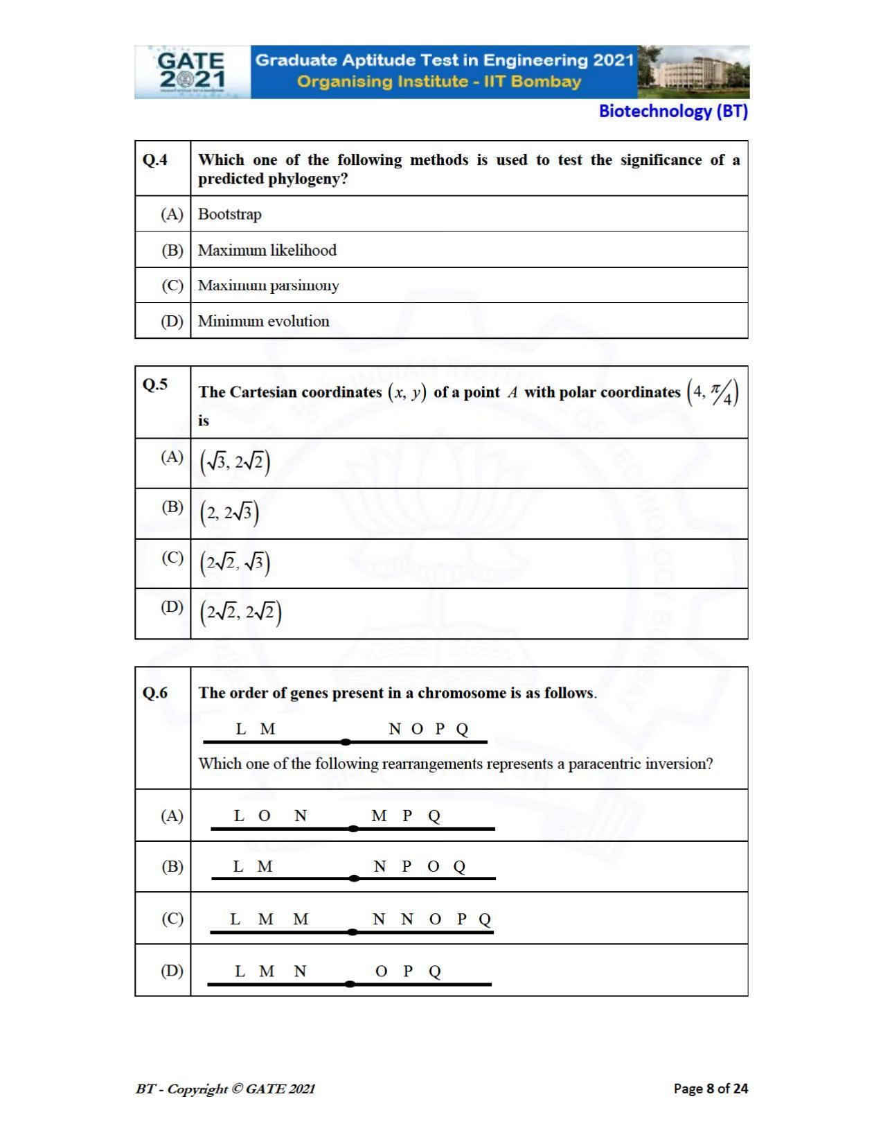 GATE 2021 Biotechnology (BT) Question Paper - Page 8