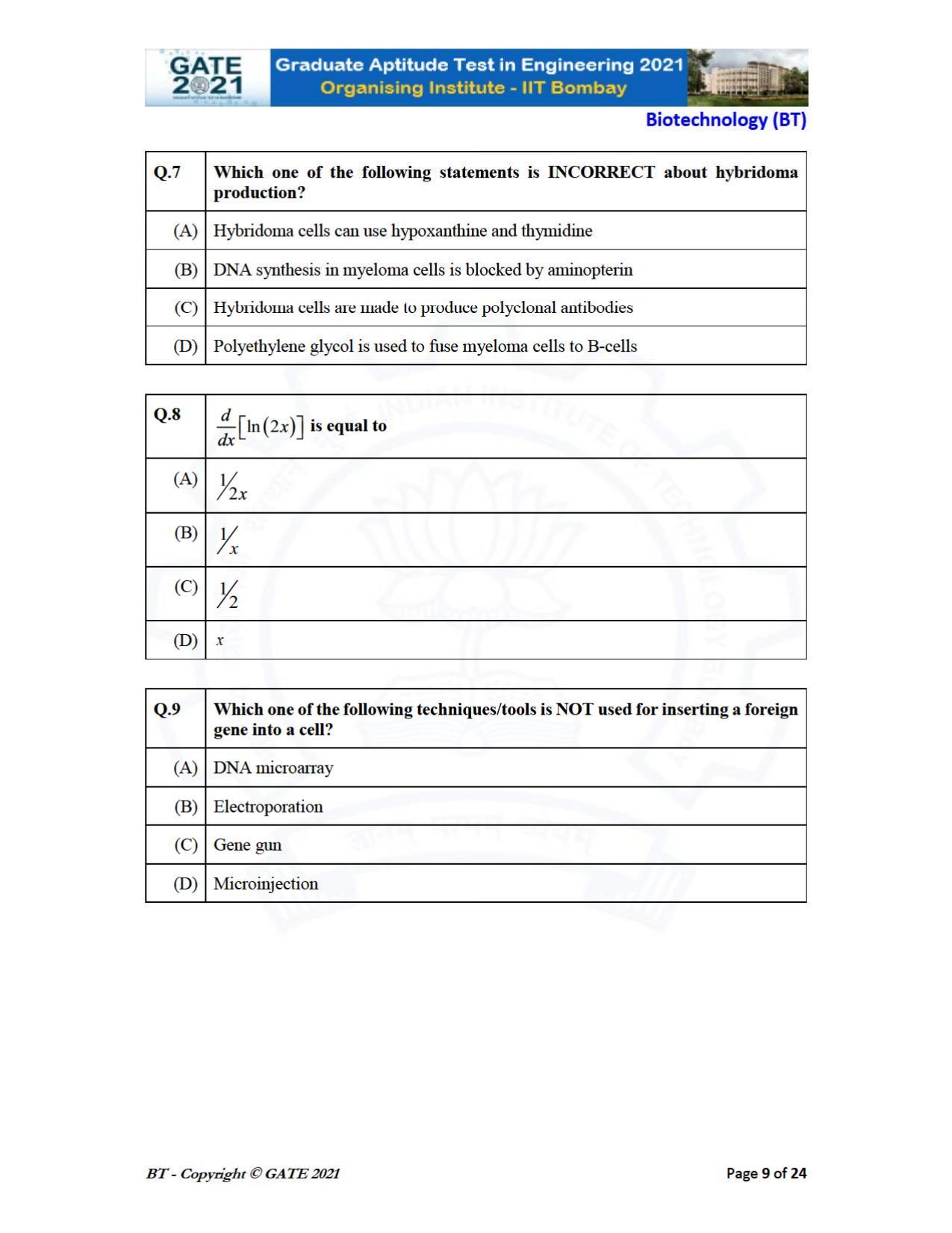 GATE 2021 Biotechnology (BT) Question Paper - Page 9