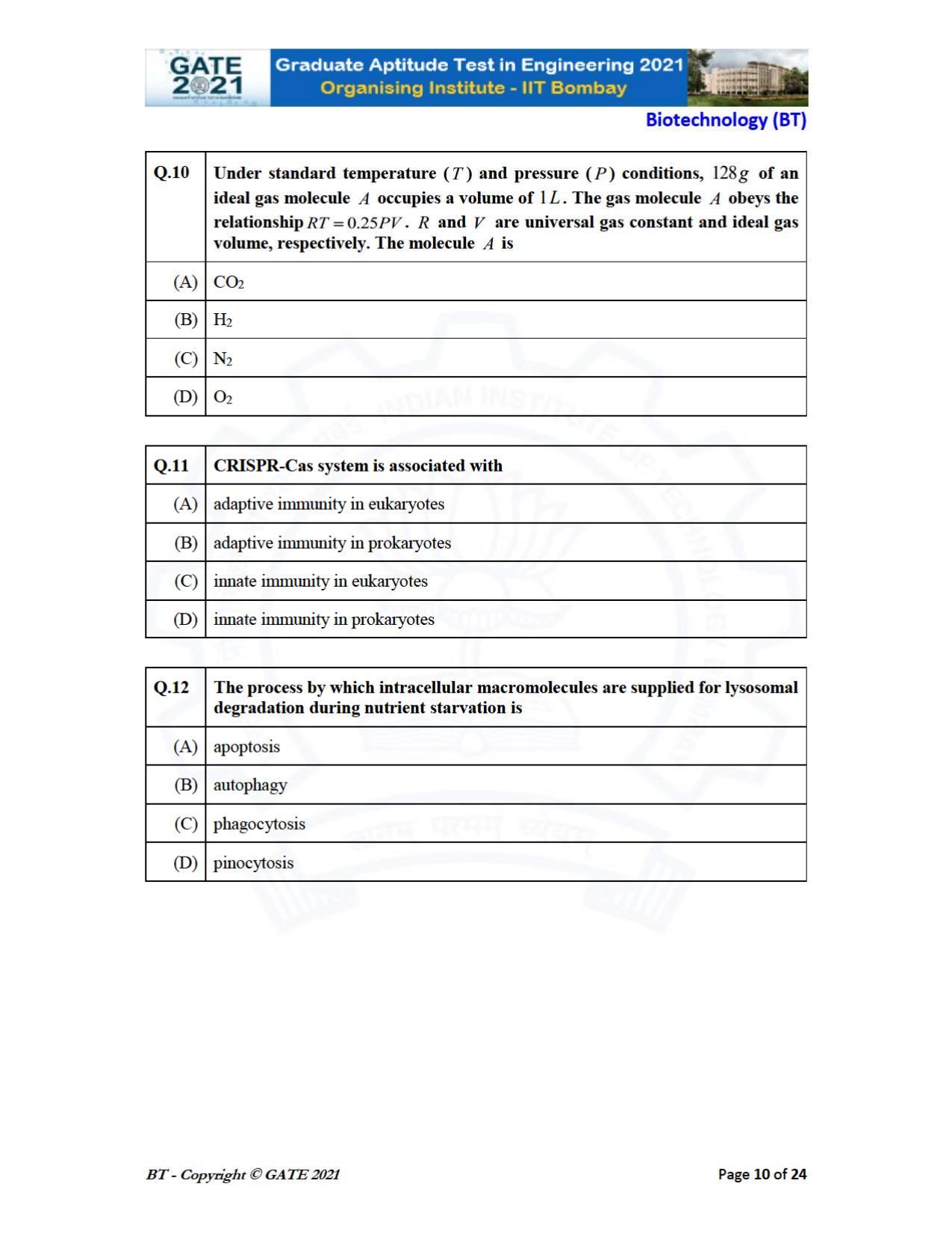 GATE 2021 Biotechnology (BT) Question Paper - Page 10