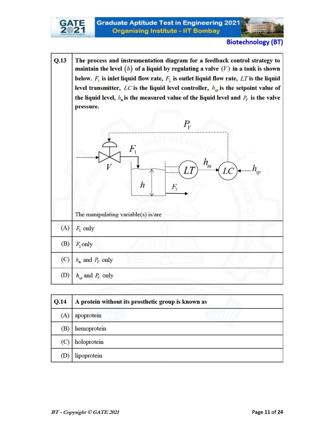 GATE 2021 Biotechnology (BT) Question Paper - Page 11