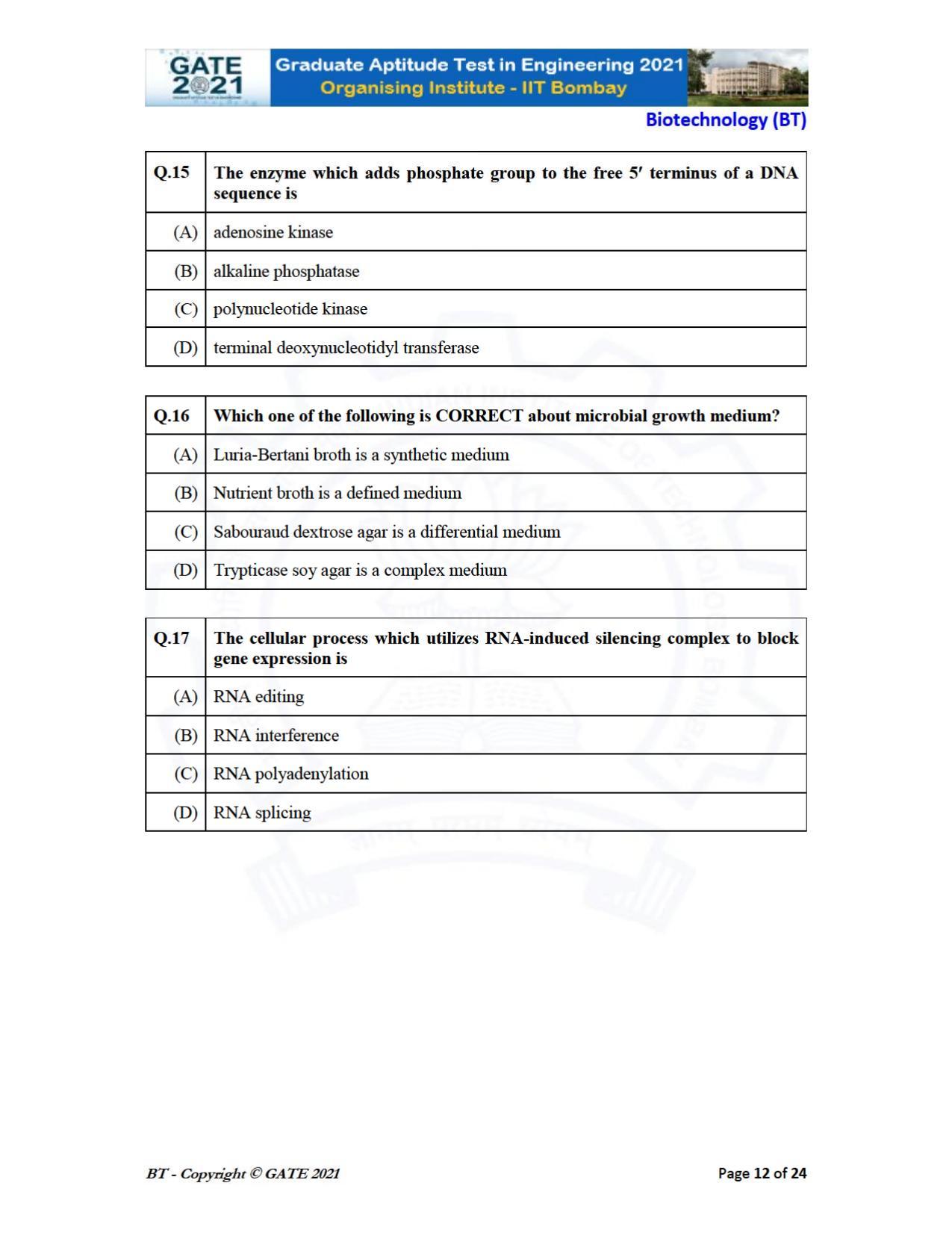 GATE 2021 Biotechnology (BT) Question Paper - Page 12