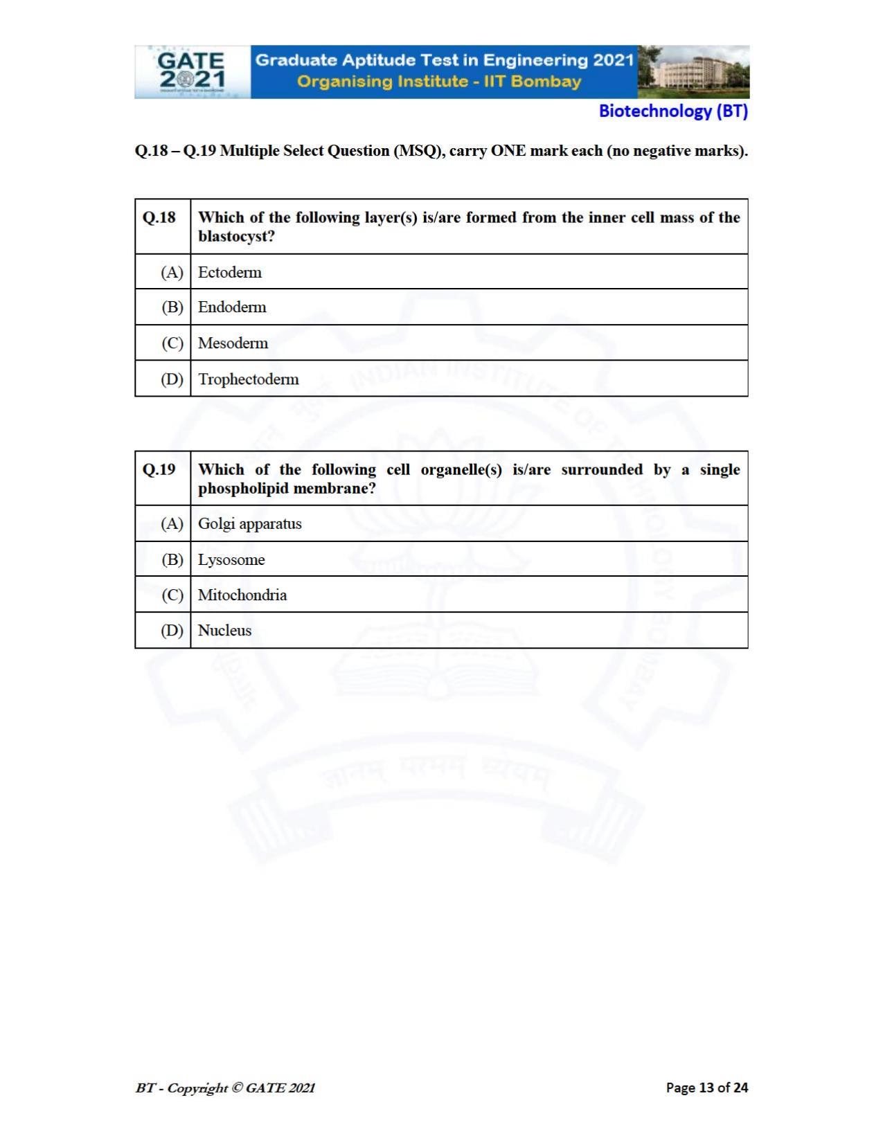 GATE 2021 Biotechnology (BT) Question Paper - Page 13