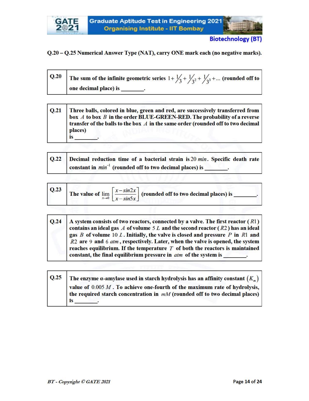 GATE 2021 Biotechnology (BT) Question Paper - Page 14